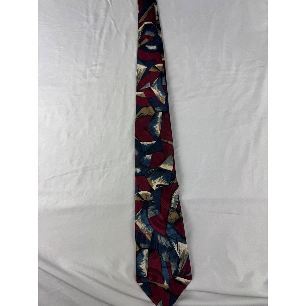 615 Collection Geometric Abstract Silk Blend Necktie Burgundy Blue Gold‎